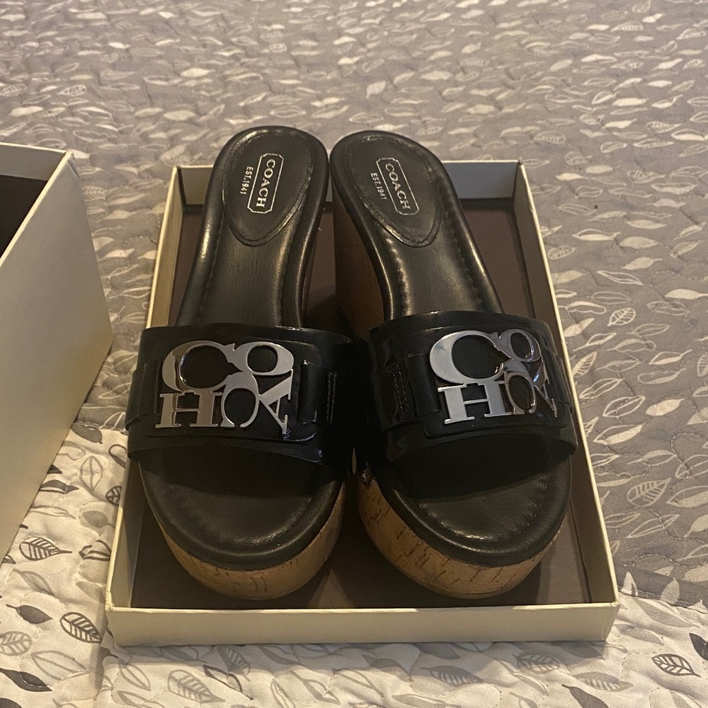 Coach Black Mules with Metallic Logo